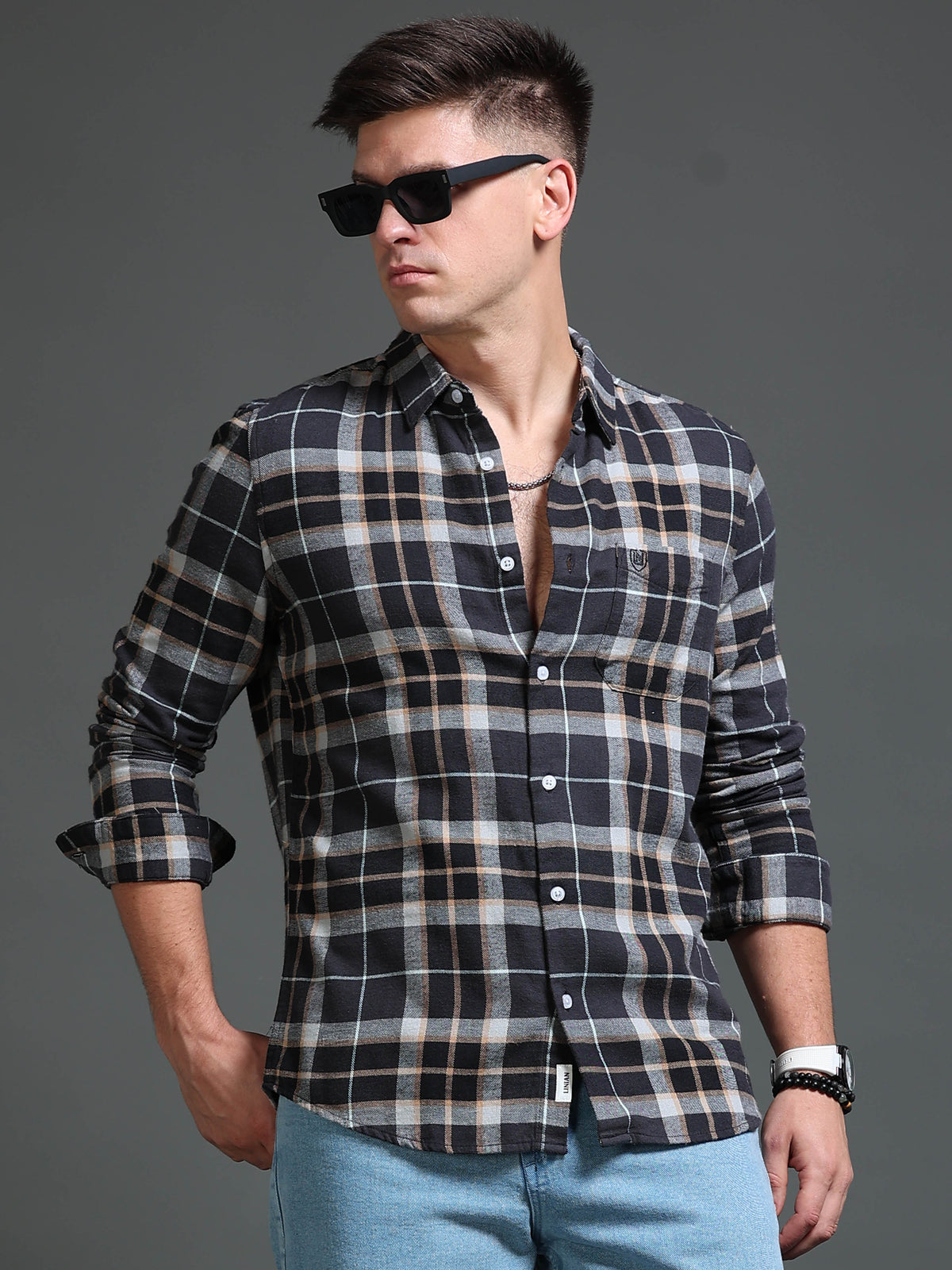 The Next Story Men Regular Fit Checkered Casual Brown Shirt - front view