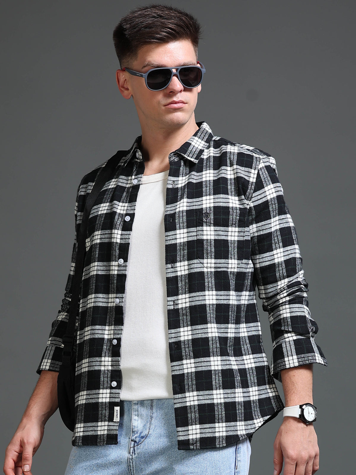 The Next Story Men Regular Fit Checkered Casual Black Shirt - front view