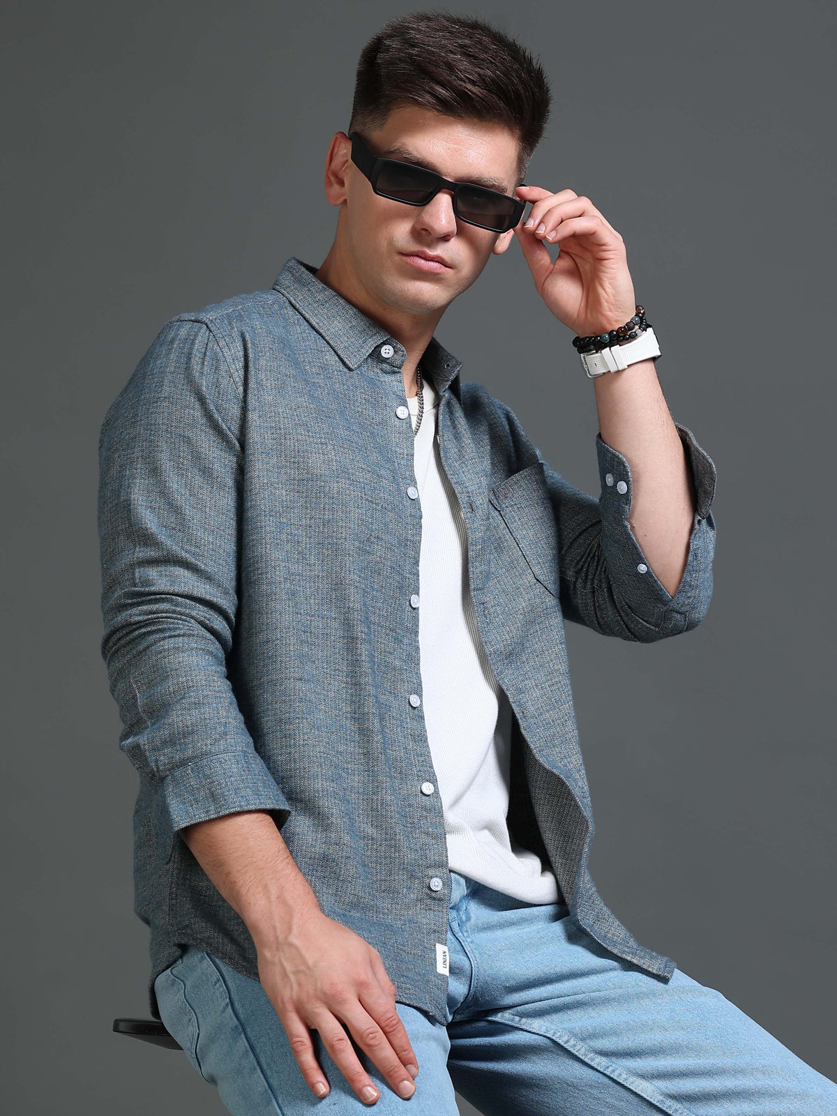 The Next Story Men Regular Fit Self Design Casual Green Shirt - front view