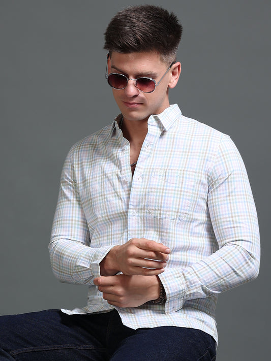 The Next Story Men Regular Fit Checkered Casual White Shirt - front view