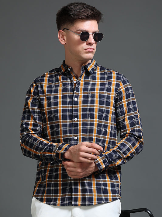 The Next Story Men Regular Fit Checkered Casual Orange Shirt - front view