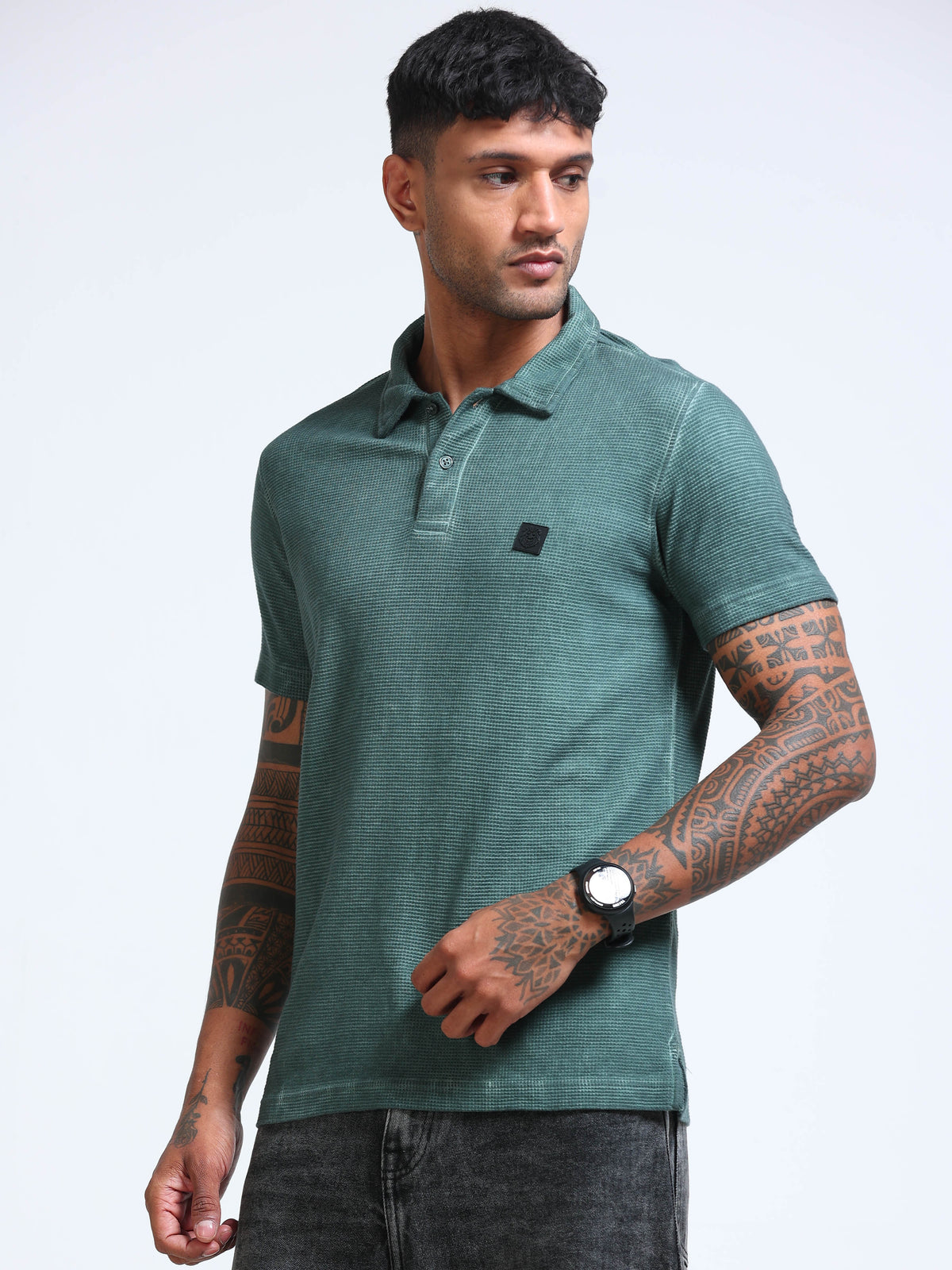The Next Story Self Design Men Polo Neck Green T-Shirt - view 3