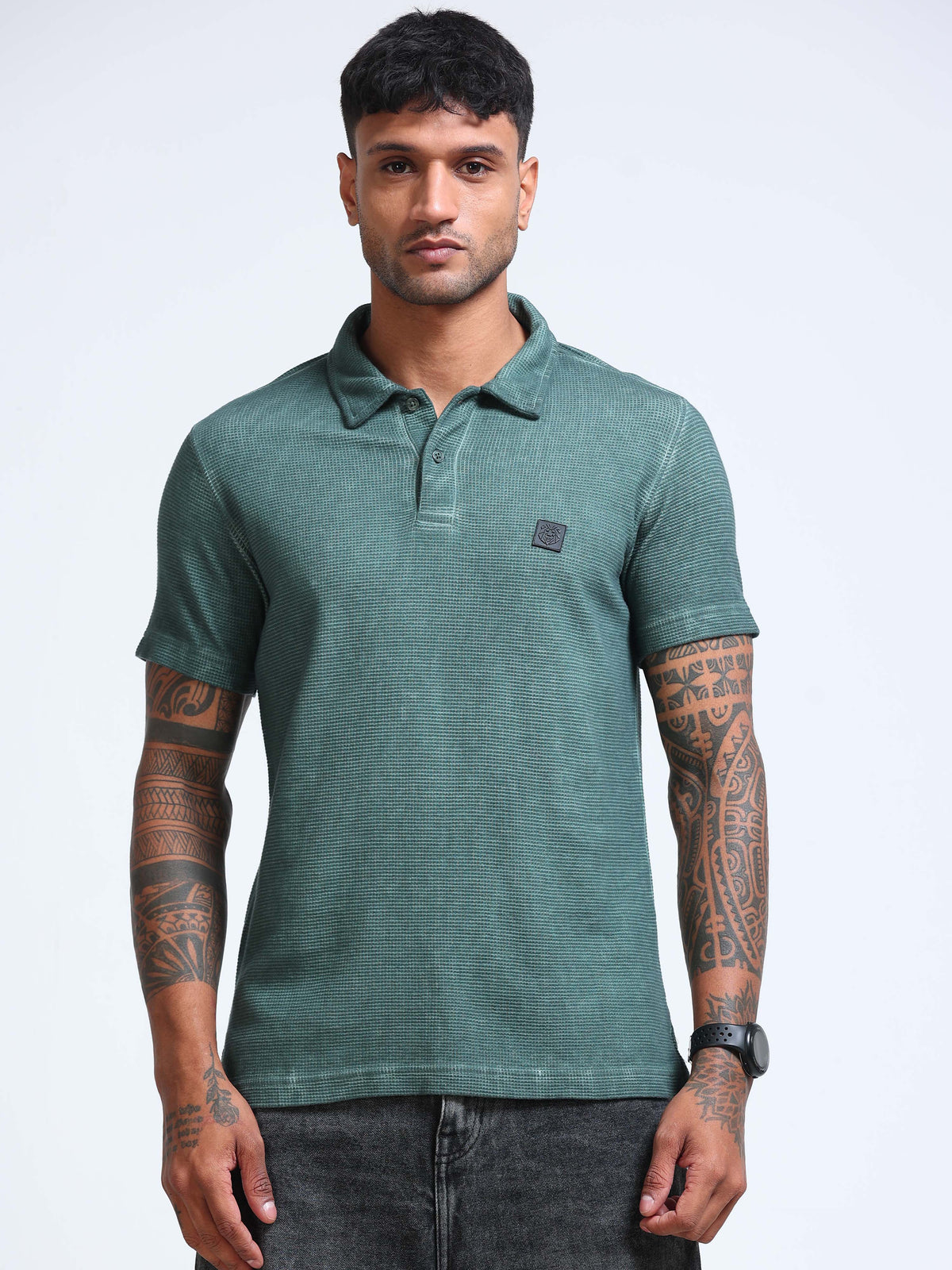 The Next Story Self Design Men Polo Neck Green T-Shirt - view 2