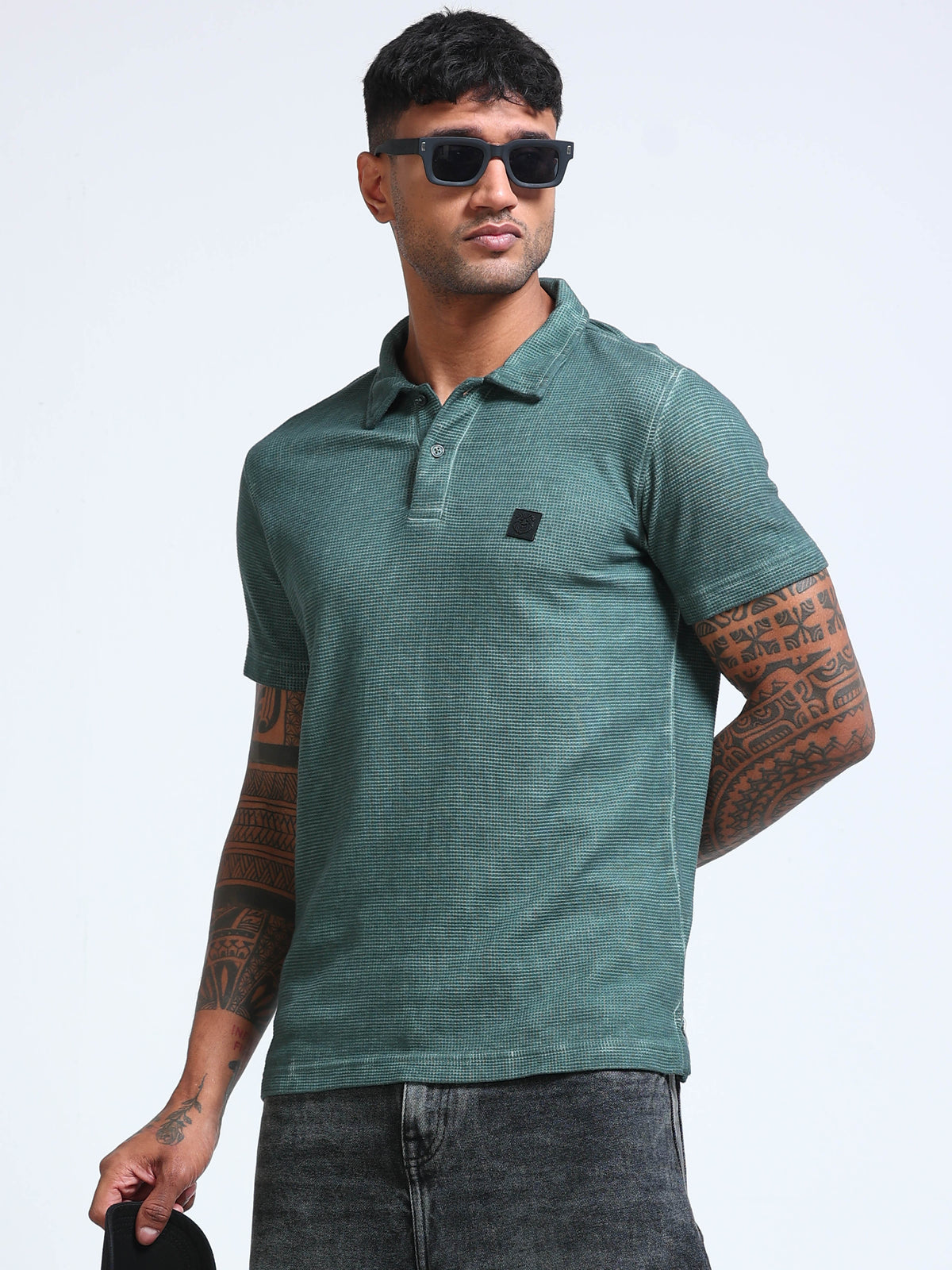 The Next Story Self Design Men Polo Neck Green T-Shirt - front view