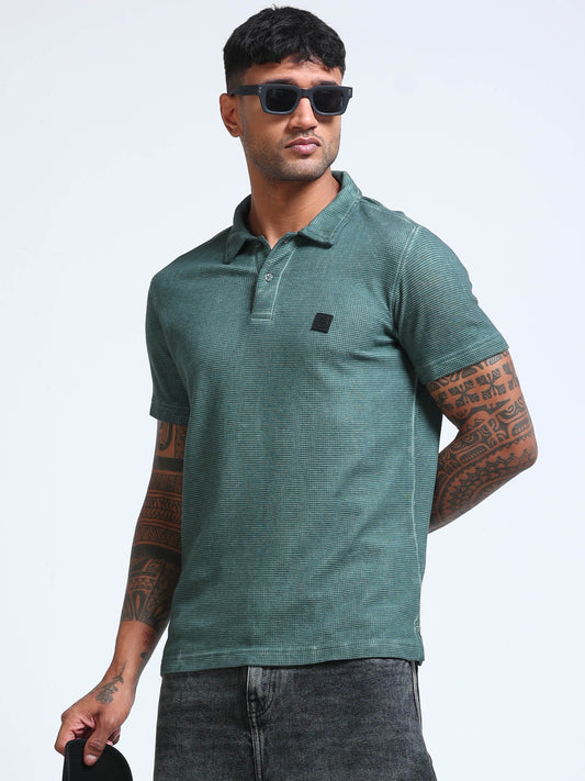 The Next Story Self Design Men Polo Neck Green T-Shirt - front view