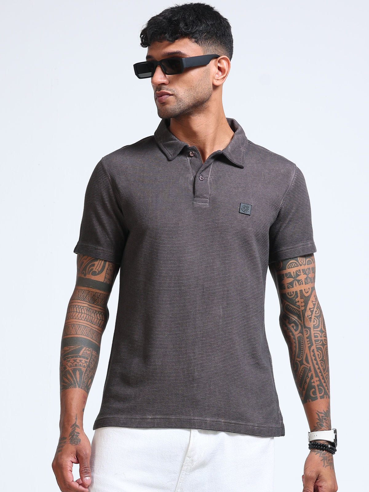 The Next Story Self Design Men Polo Neck Maroon T-Shirt - front view