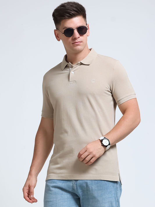 The Next Story Self Design Men Polo Neck Beige T-Shirt - front view