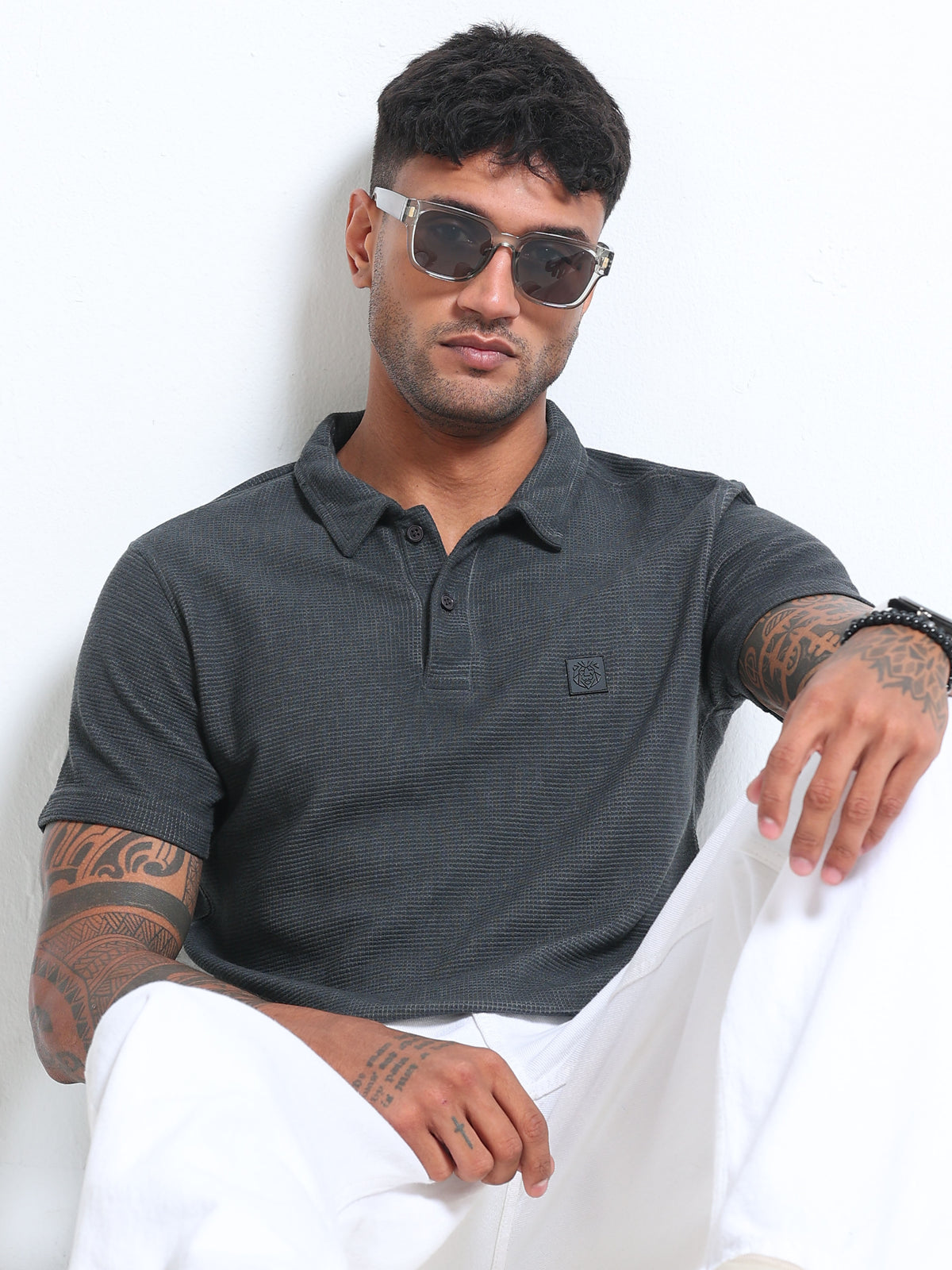 The Next Story Graphic Print Men Polo Neck Grey T-Shirt - front view