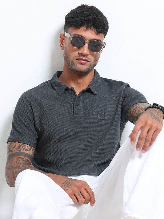 The Next Story Graphic Print Men Polo Neck Grey T-Shirt - front view