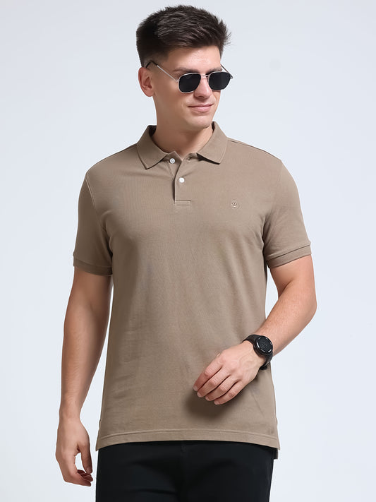 The Next Story Self Design Men Polo Neck Beige T-Shirt - front view