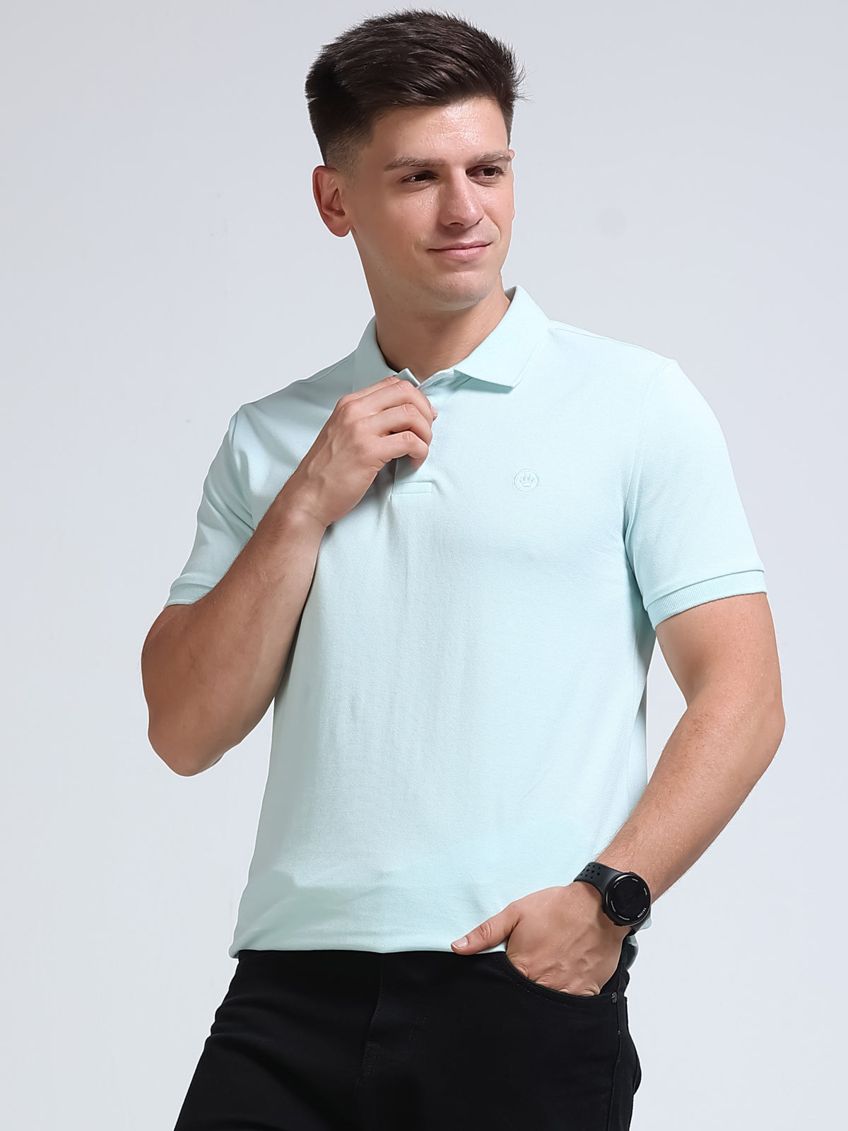 The Next Story Self Design Men Polo Neck Light Blue T-Shirt - front view