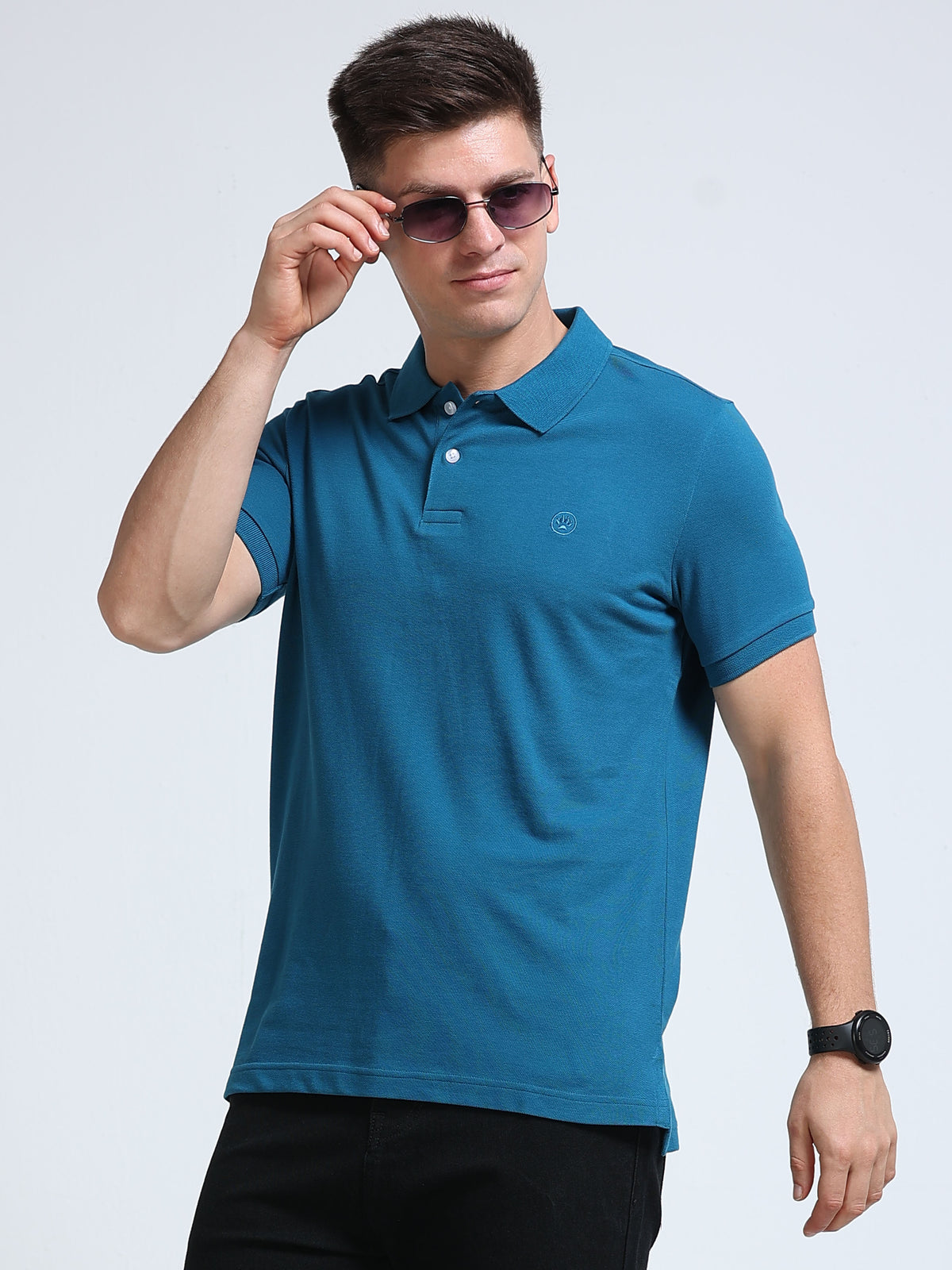 The Next Story Self Design Men Polo Neck Blue T-Shirt - front view