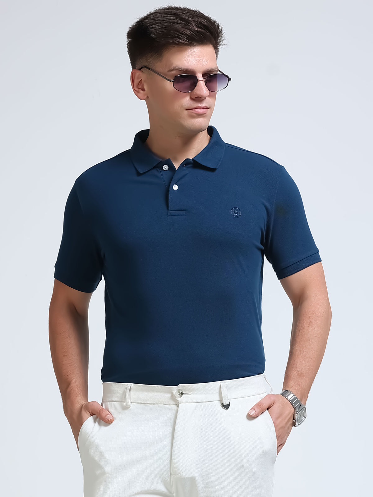 The Next Story Self Design Men Polo Neck Blue T-Shirt - front view
