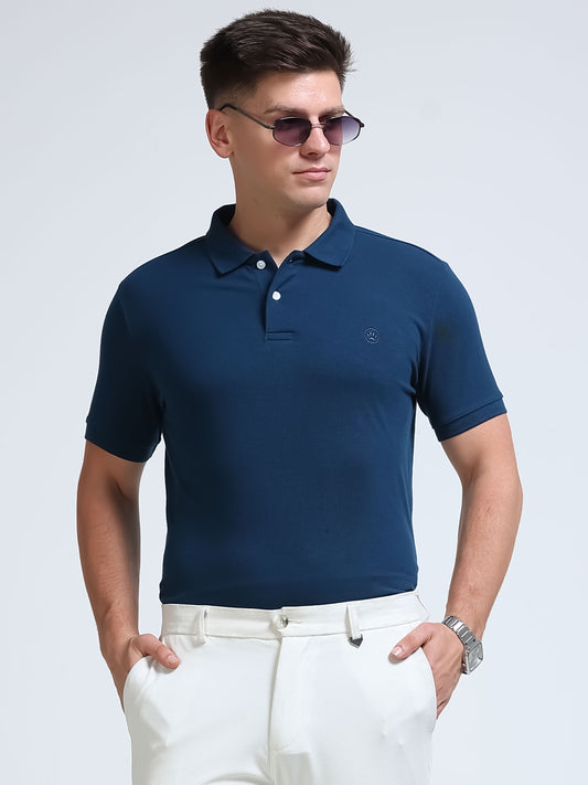 The Next Story Self Design Men Polo Neck Blue T-Shirt - front view