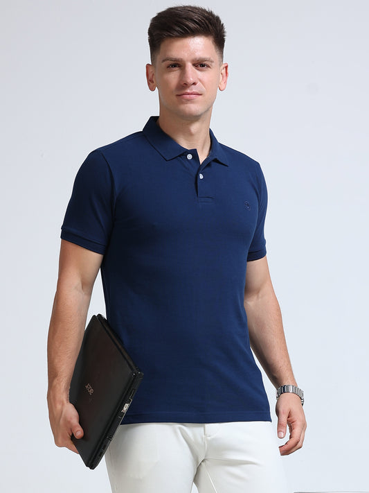 The Next Story Self Design Men Polo Neck Navy Blue T-Shirt - front view