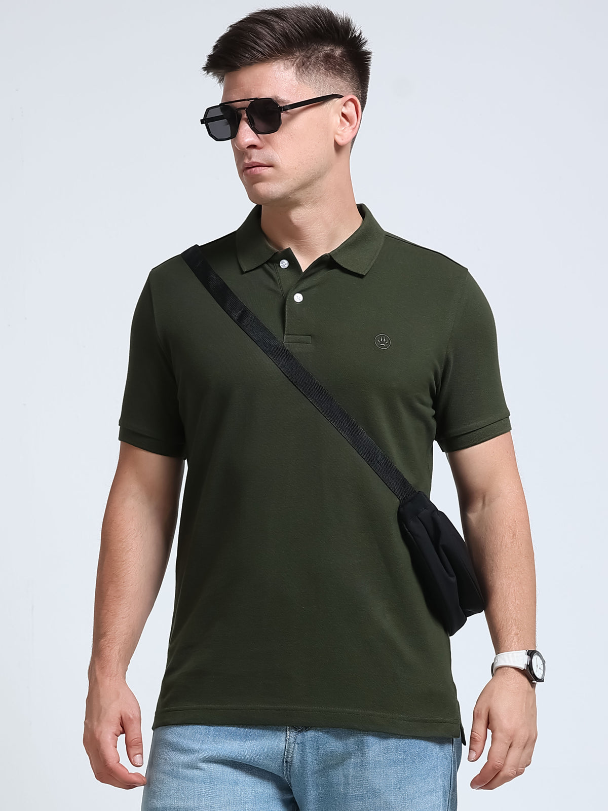 The Next Story Self Design Men Polo Neck Dark Green T-Shirt - front view