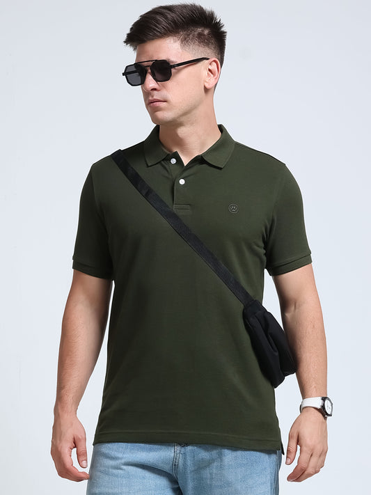 The Next Story Self Design Men Polo Neck Dark Green T-Shirt - front view