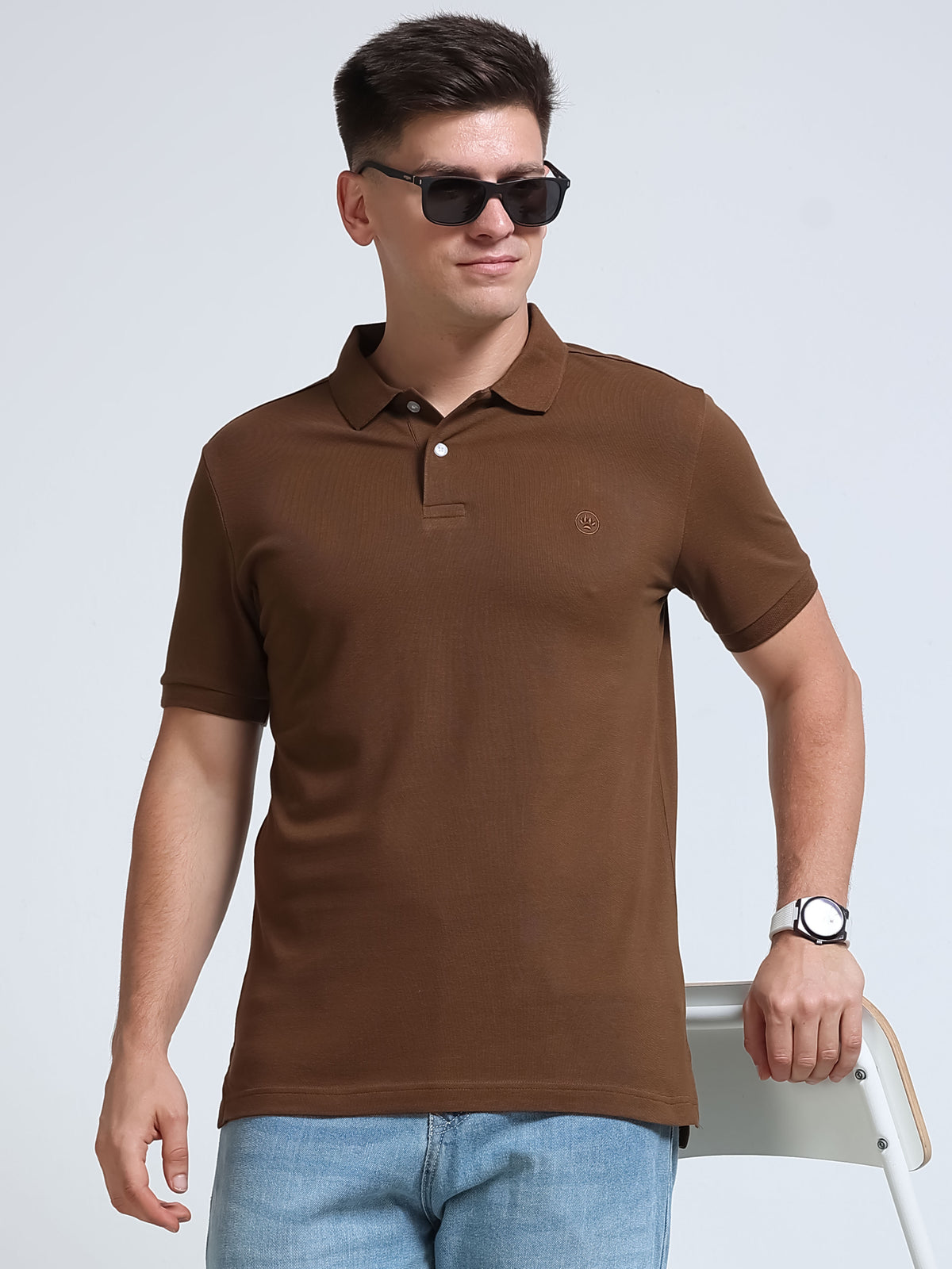 The Next Story Self Design Men Polo Neck Brown T-Shirt - front view