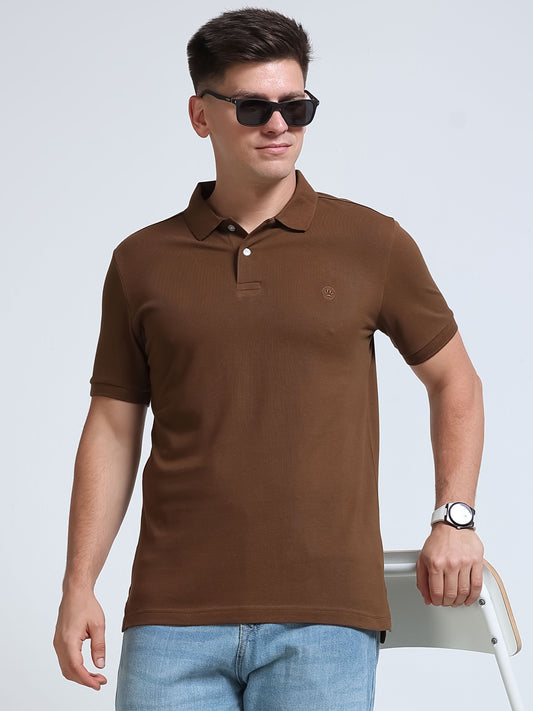 The Next Story Self Design Men Polo Neck Brown T-Shirt - front view