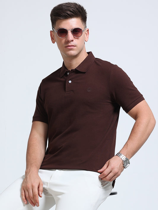 The Next Story Self Design Men Polo Neck Brown T-Shirt - front view